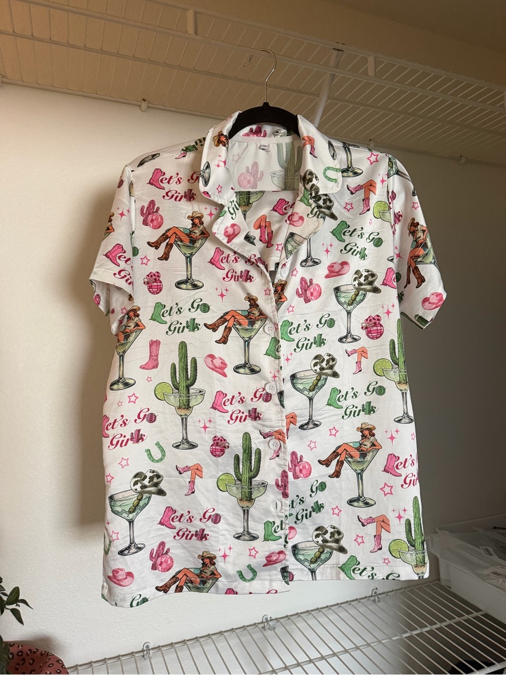 White Short-Sleeve Printed Button-Up Shirt - Pink & Green Motif
